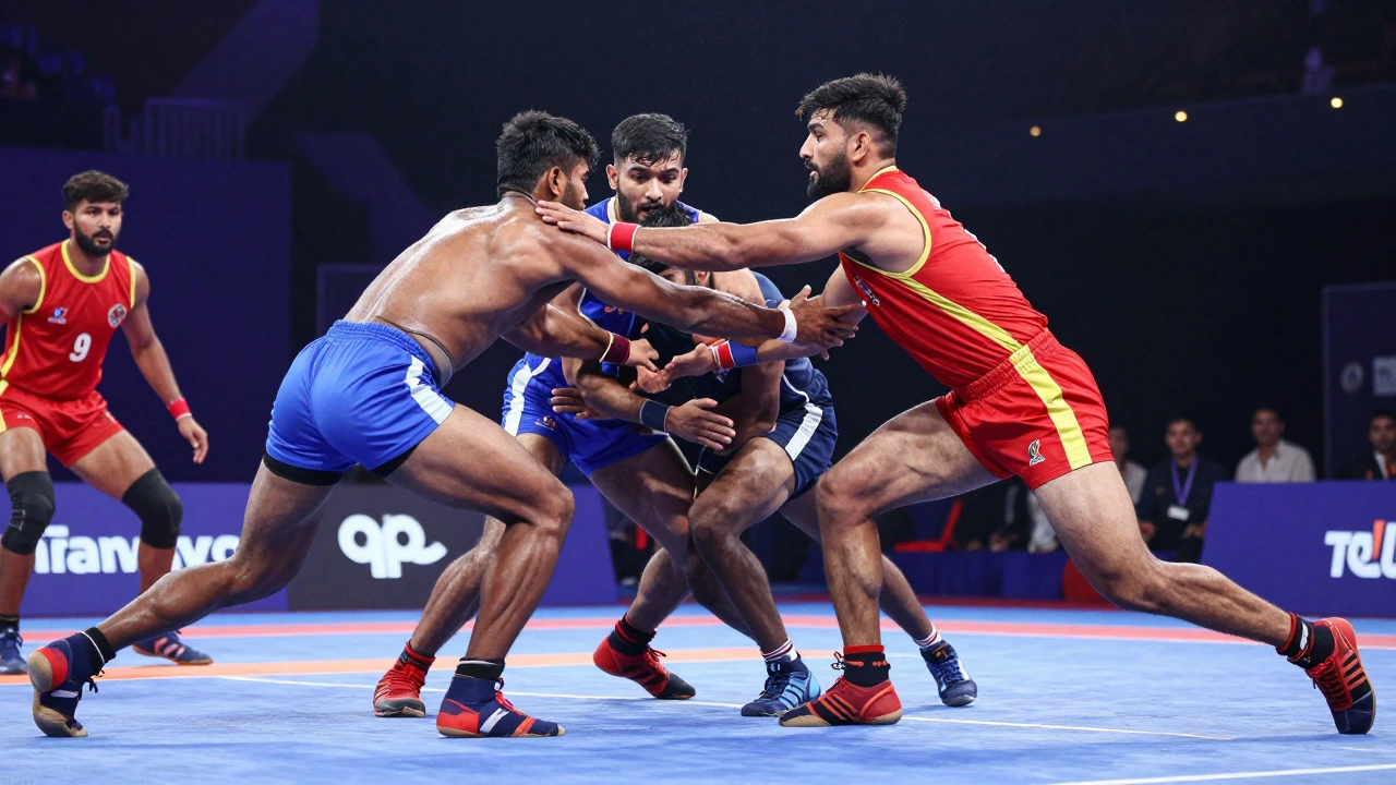 Kabaddi player lunging during an intense professional match