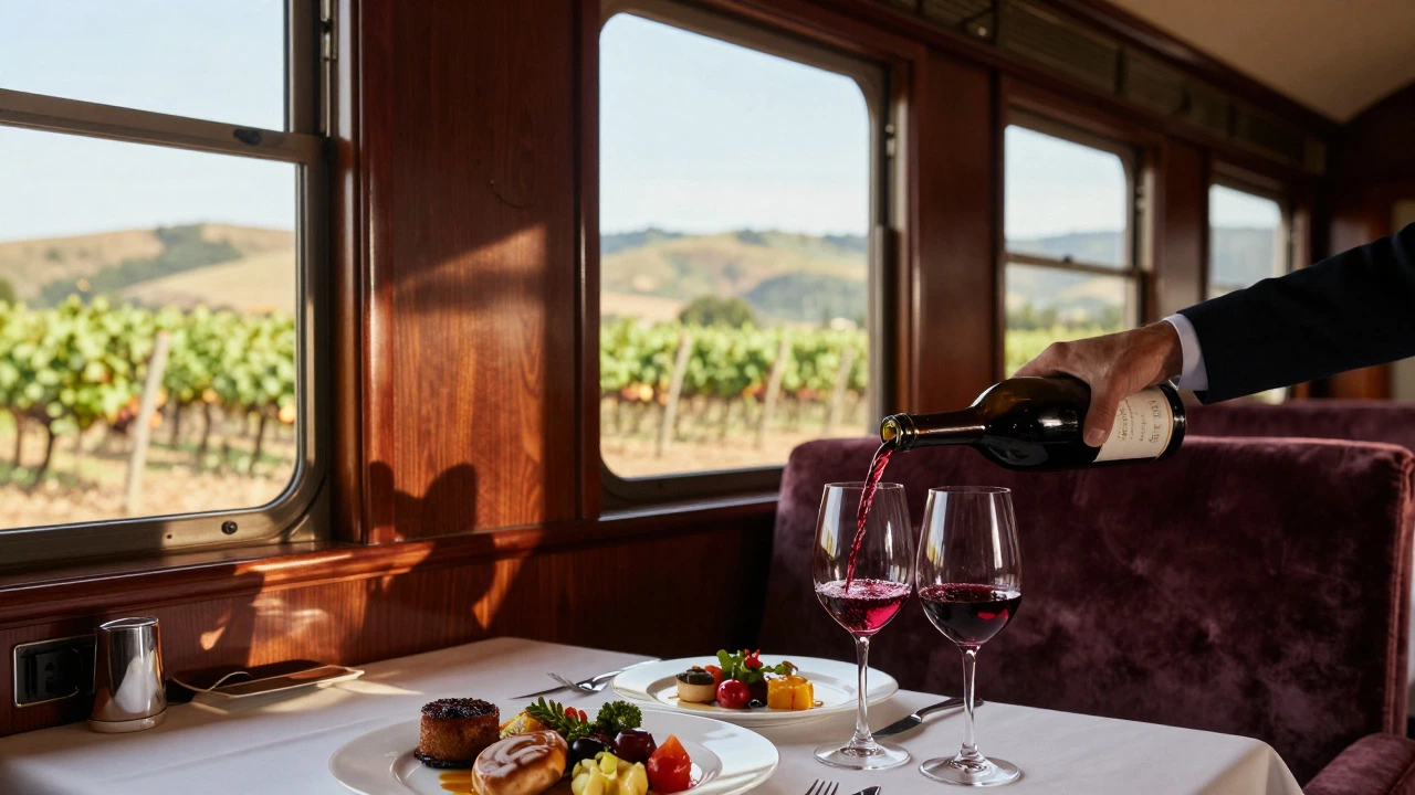 Luxury dining setup in Napa Valley Wine Train vintage carriage