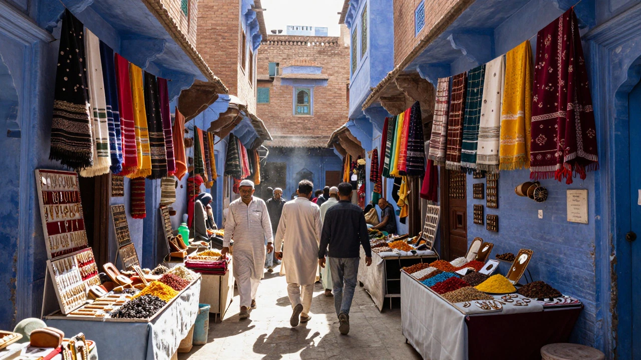 Narrow alley in Jodhpur old city with blue walls, spices, and local shoppers