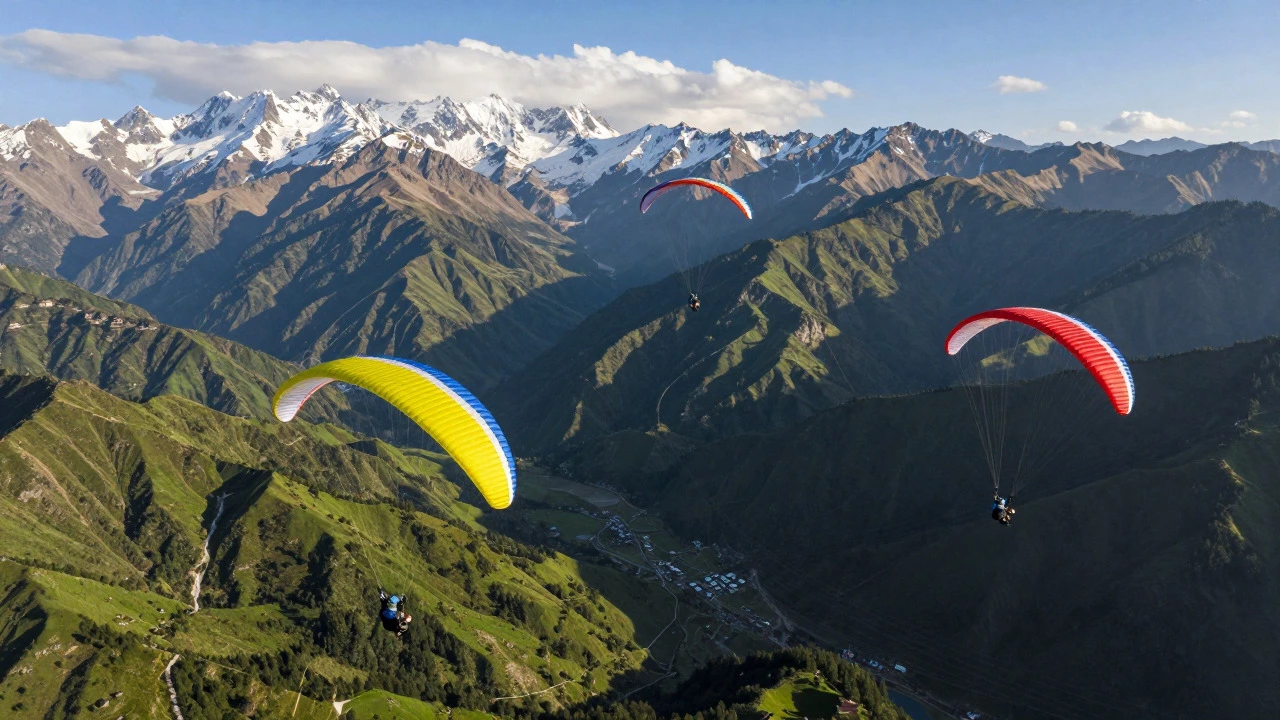 Paragliders flying over snowy mountains in Himachal Pradesh