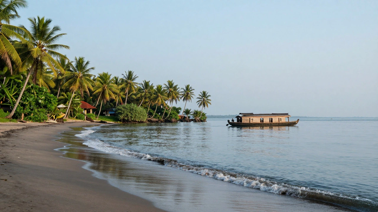 Peaceful Kerala backwaters with houseboat and palm trees