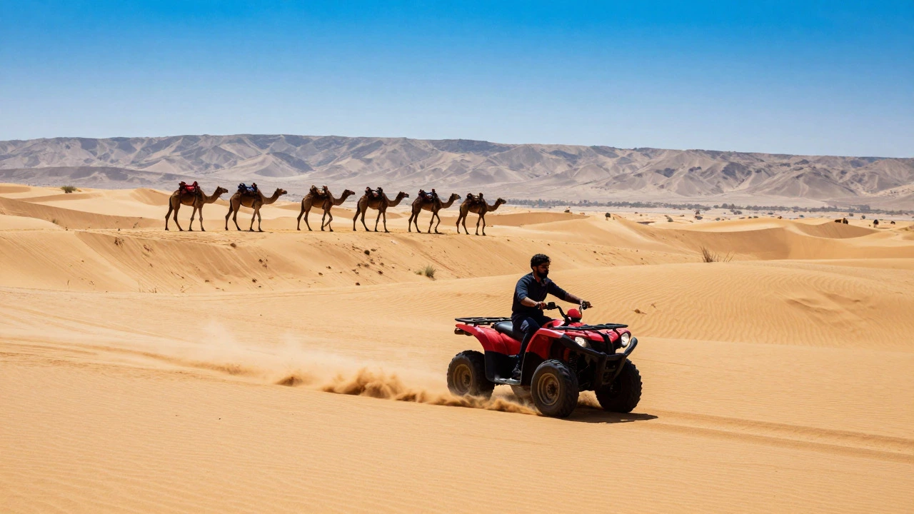 Quad biking and camels on sand dunes in the Thar Desert near Jodhpur