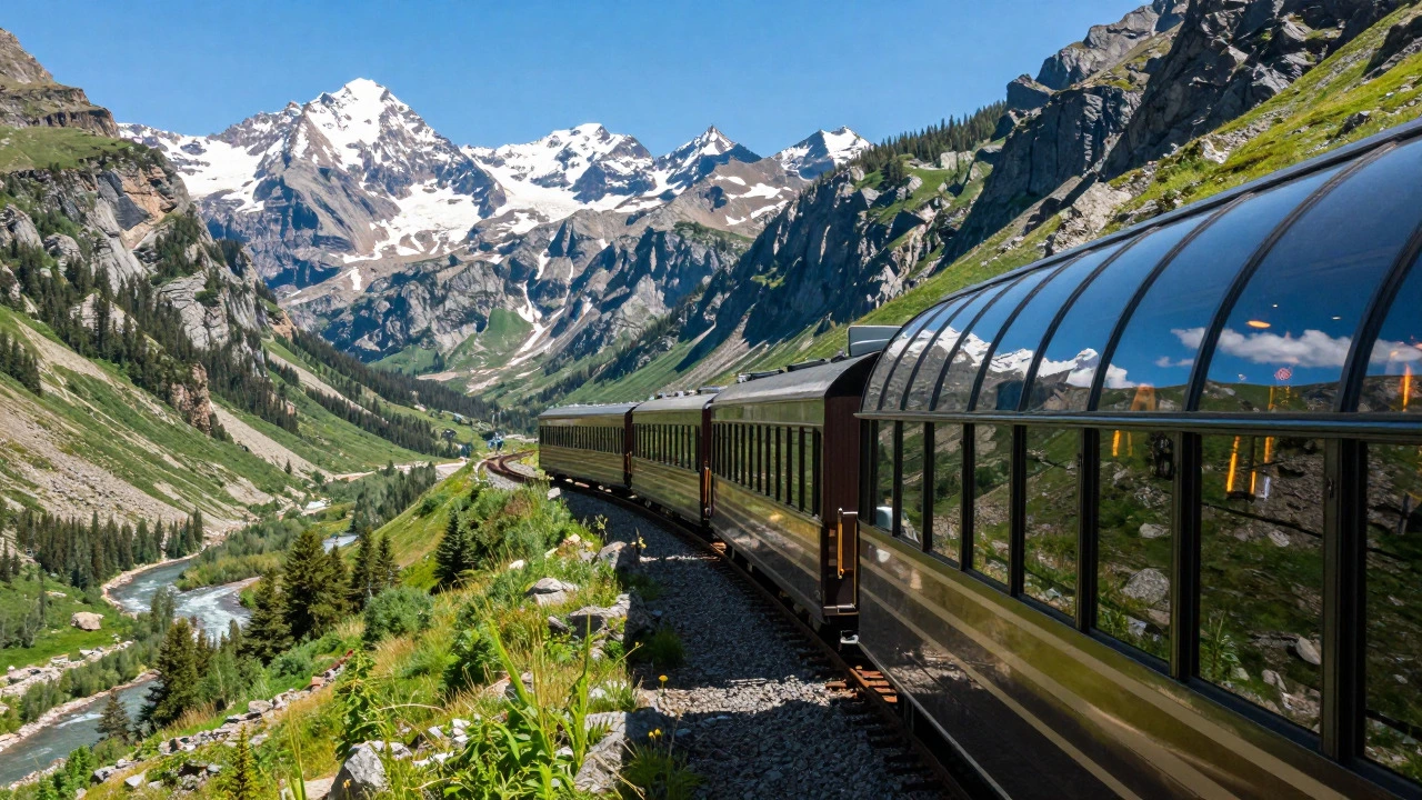 Rocky Mountaineer glass-domed train winding through Montana mountains