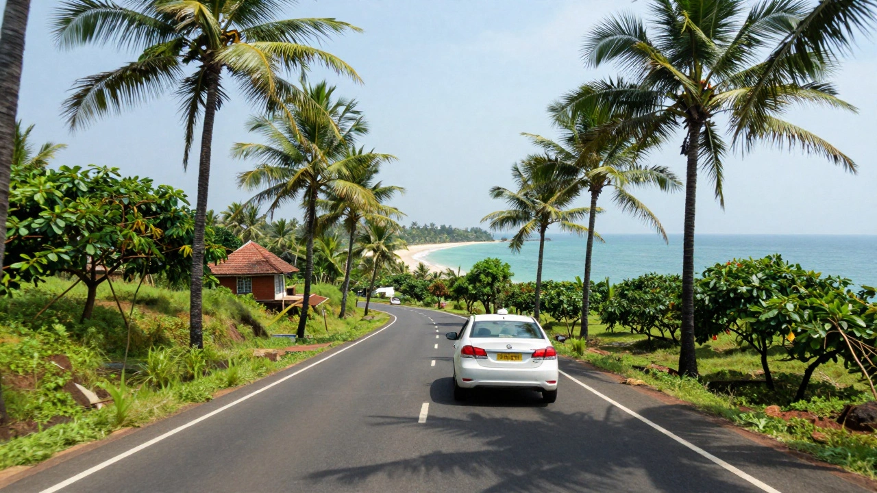 Taxi driving through lush Goan countryside towards distant Palolem Beach coast