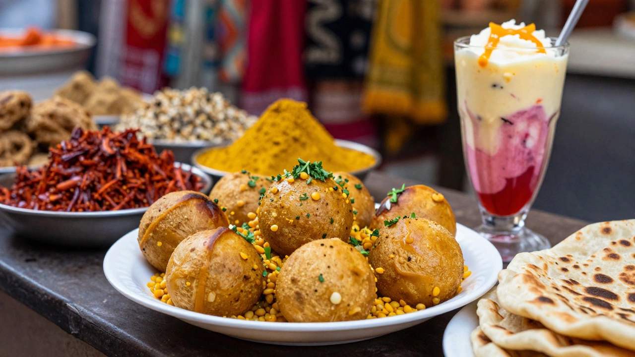 Traditional Indian dishes including Dal Baati Churma and sweets