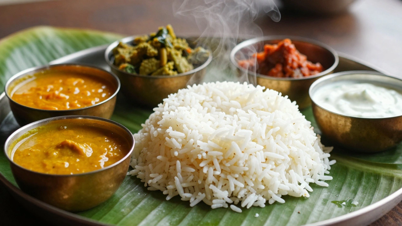 Traditional Indian thali meal with rice, dal, and vegetables on a banana leaf