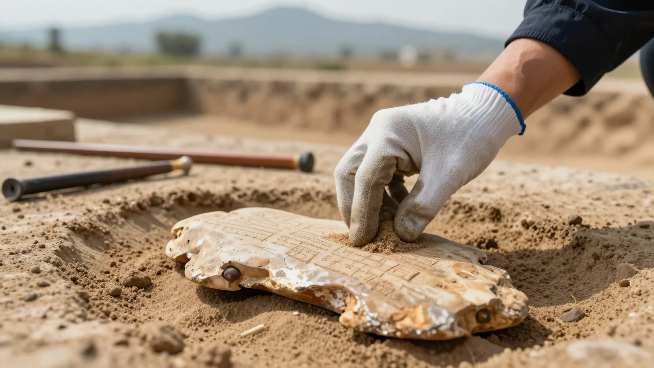 Archaeologist uncovering an oracle bone inscription at a Chinese dig site