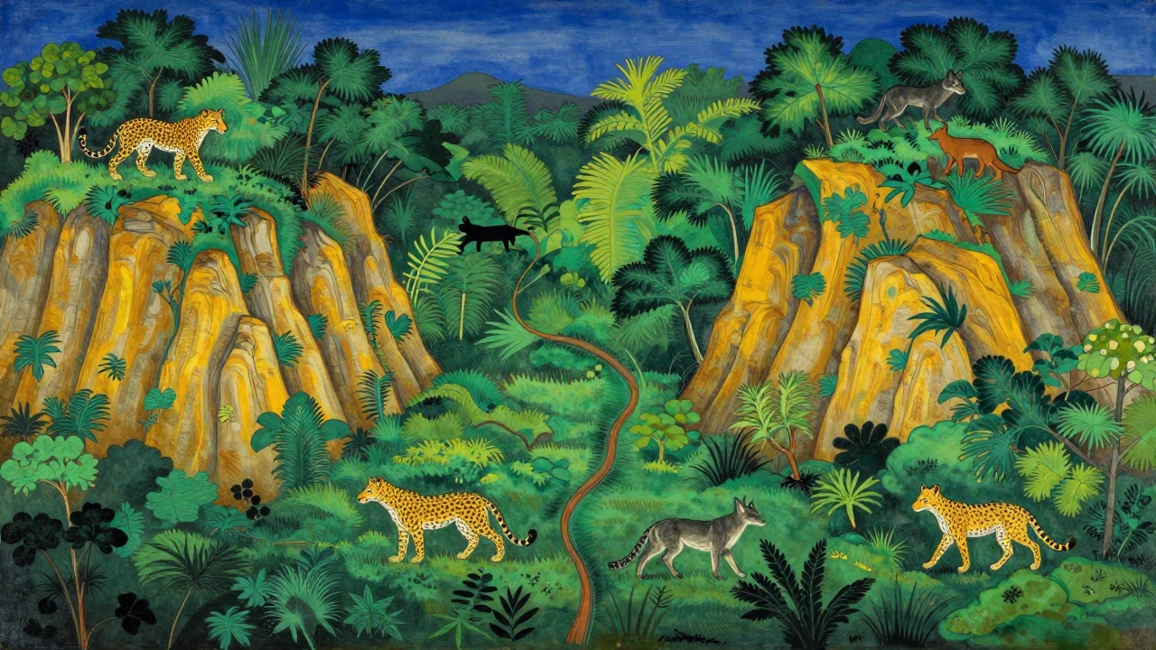 Artistic depiction of wildlife moving through a green ecological corridor