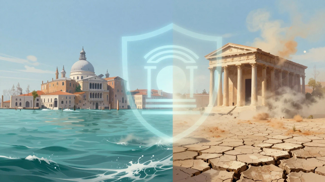 Conceptual art showing coastal ruins threatened by rising sea levels and climate change.