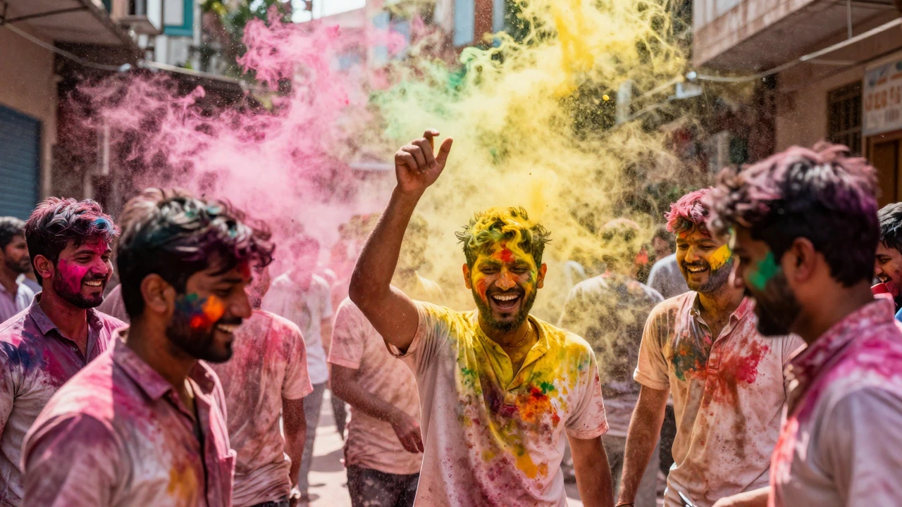 Crowd celebrating Holi festival with colorful powder
