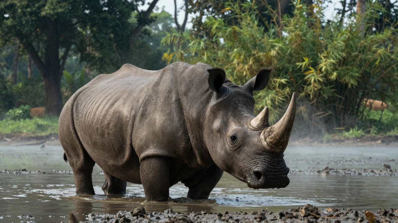 One-horned rhinoceros in a misty wetland in Assam
