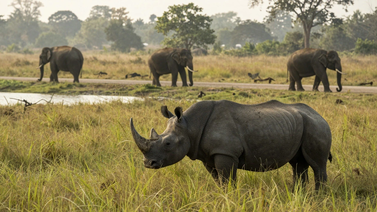 One-horned rhinoceros in tall grass at Kaziranga National Park