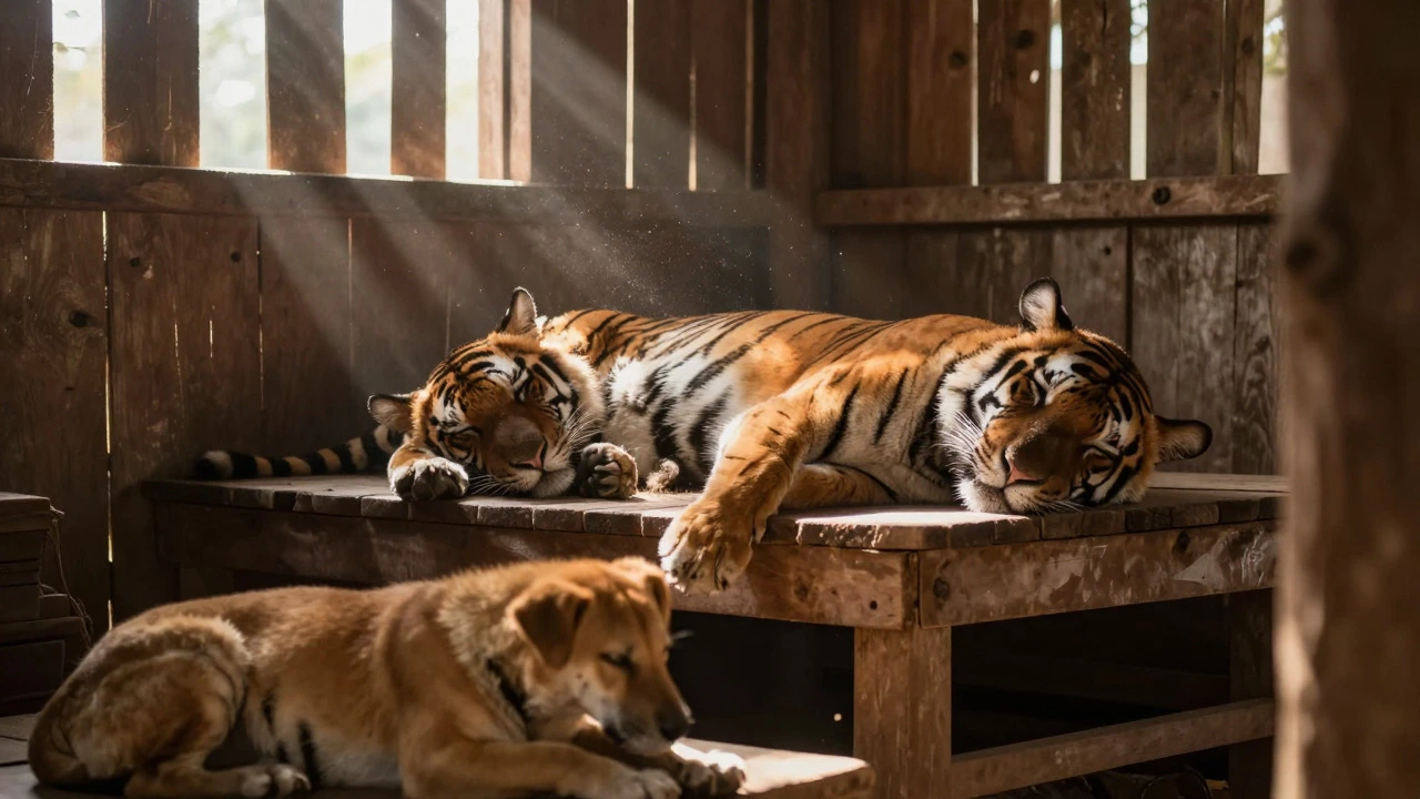 Rescued Bengal tiger sleeping peacefully in a sunlit barn with a dog