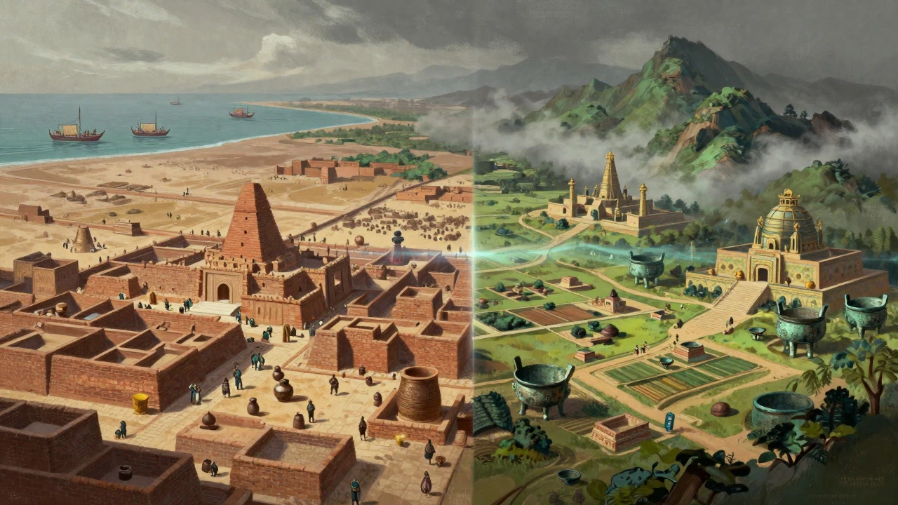 Split illustration comparing Indus Valley cities and Yellow River settlements