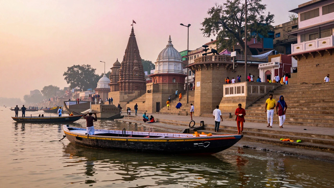 Sunrise over the Ganges river ghats in Varanasi with boats