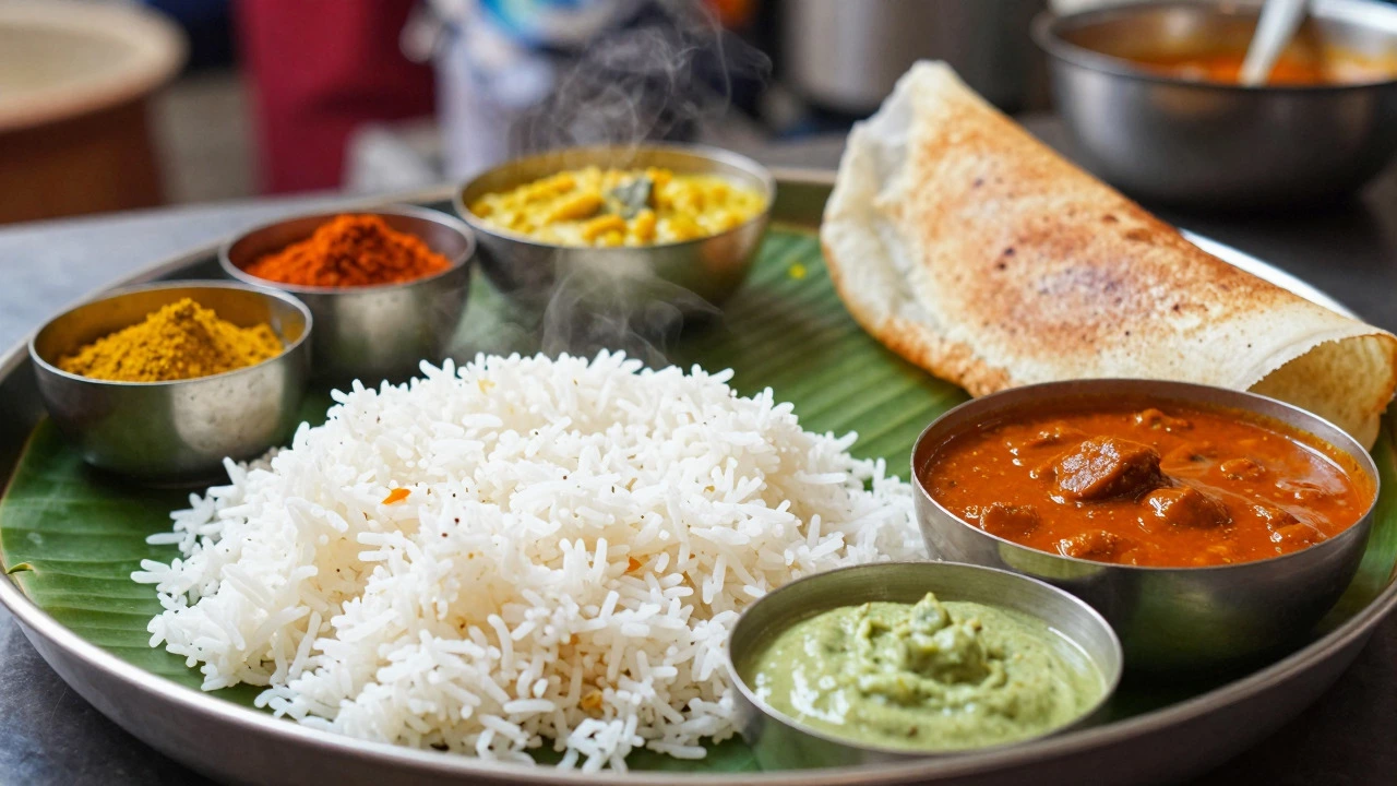 Traditional Indian meal served on a banana leaf