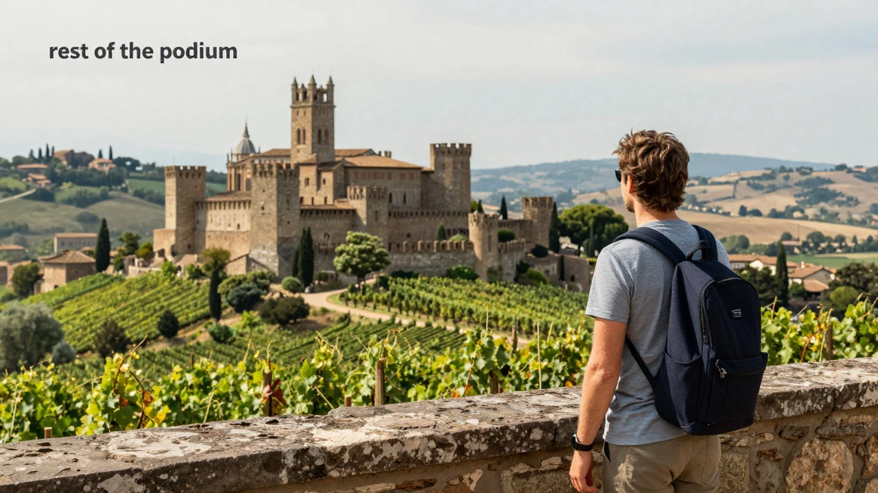 Traveler viewing historic European castles and vineyards from a scenic hilltop overlook.