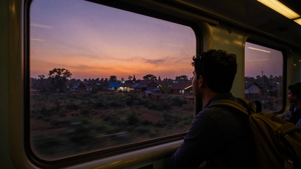 Traveler viewing sunset scenery from a moving train window
