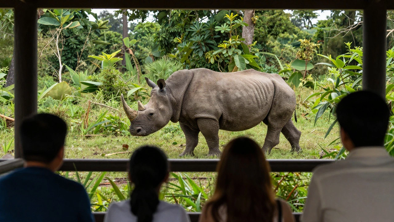 Visitors observing an Indian rhino from behind a fence in a wetland