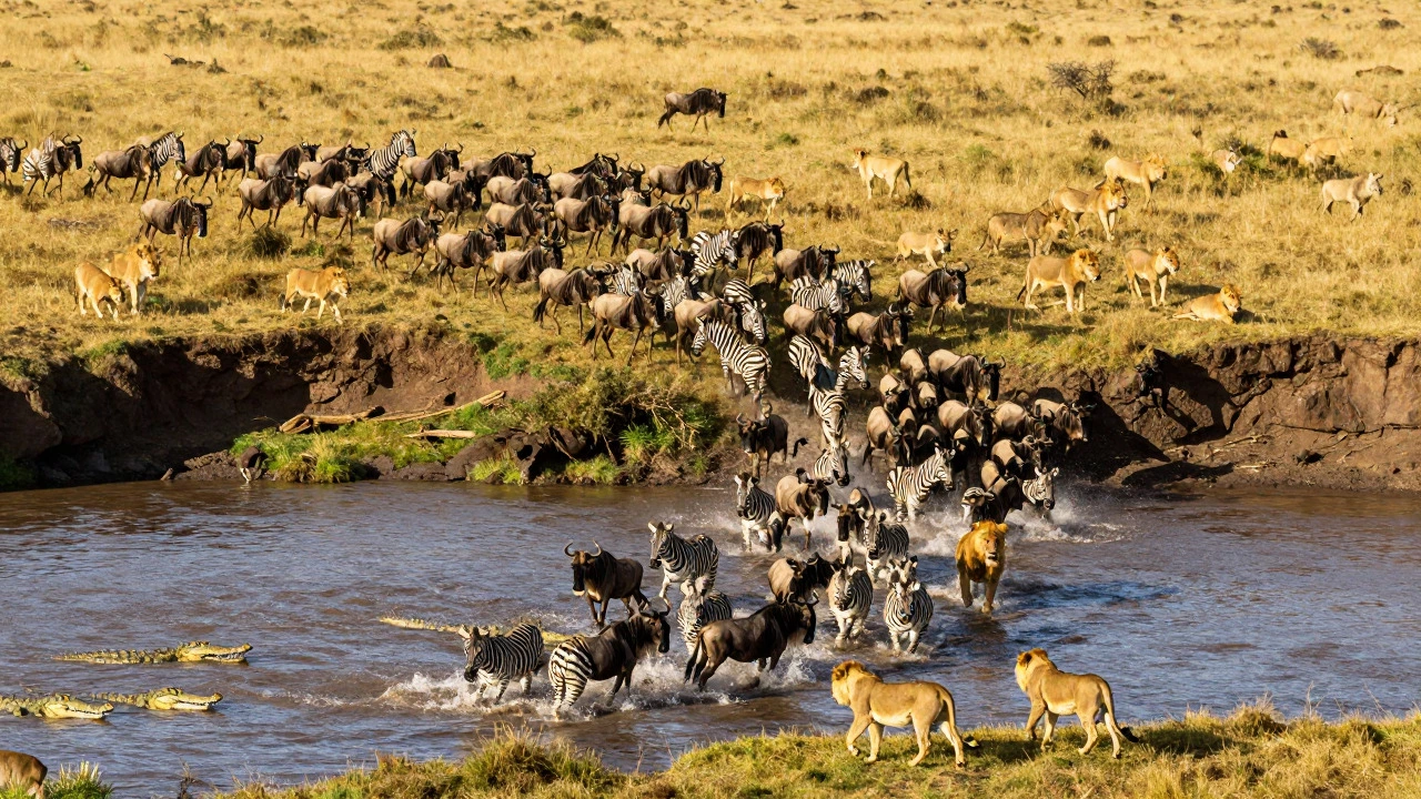 Wildebeest migration crossing a river in Serengeti National Park