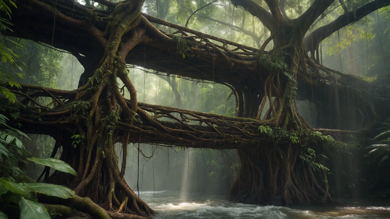 Close-up of moss-covered living root bridges in Meghalaya's lush rainforest illuminated by sunbeams.
