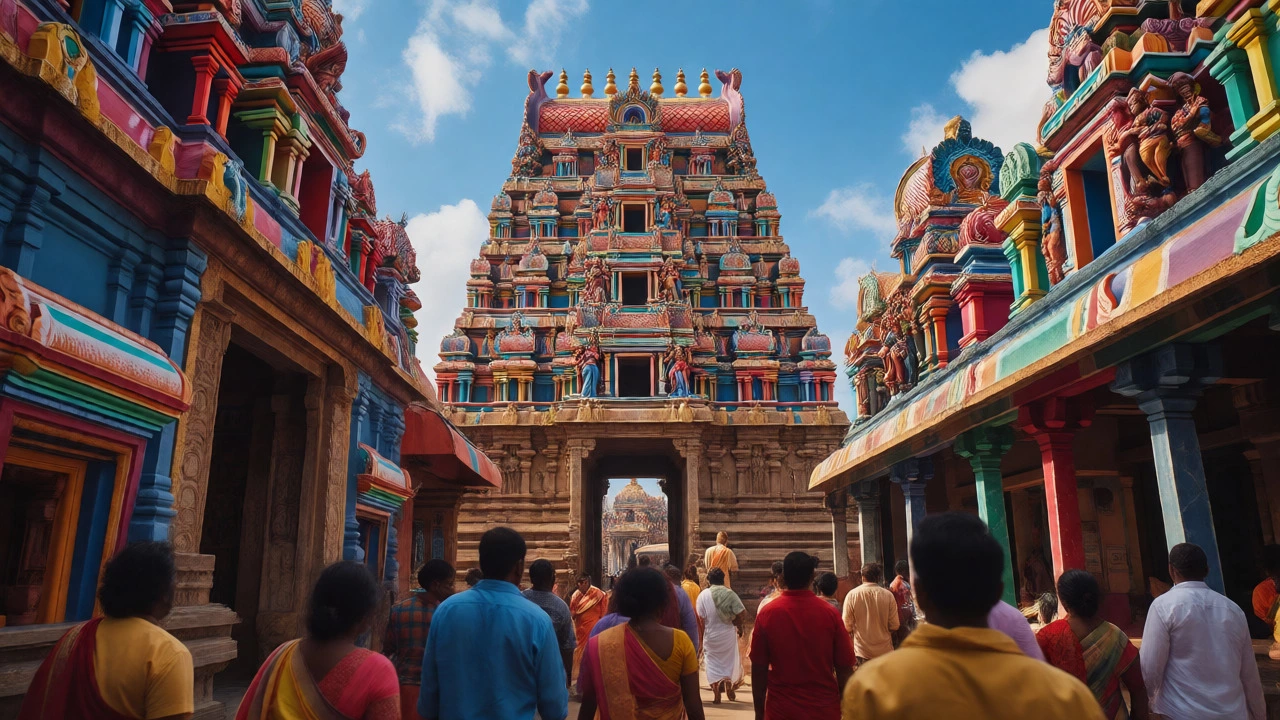 Colorful towering temple gopurams with pilgrims in a busy South Indian city