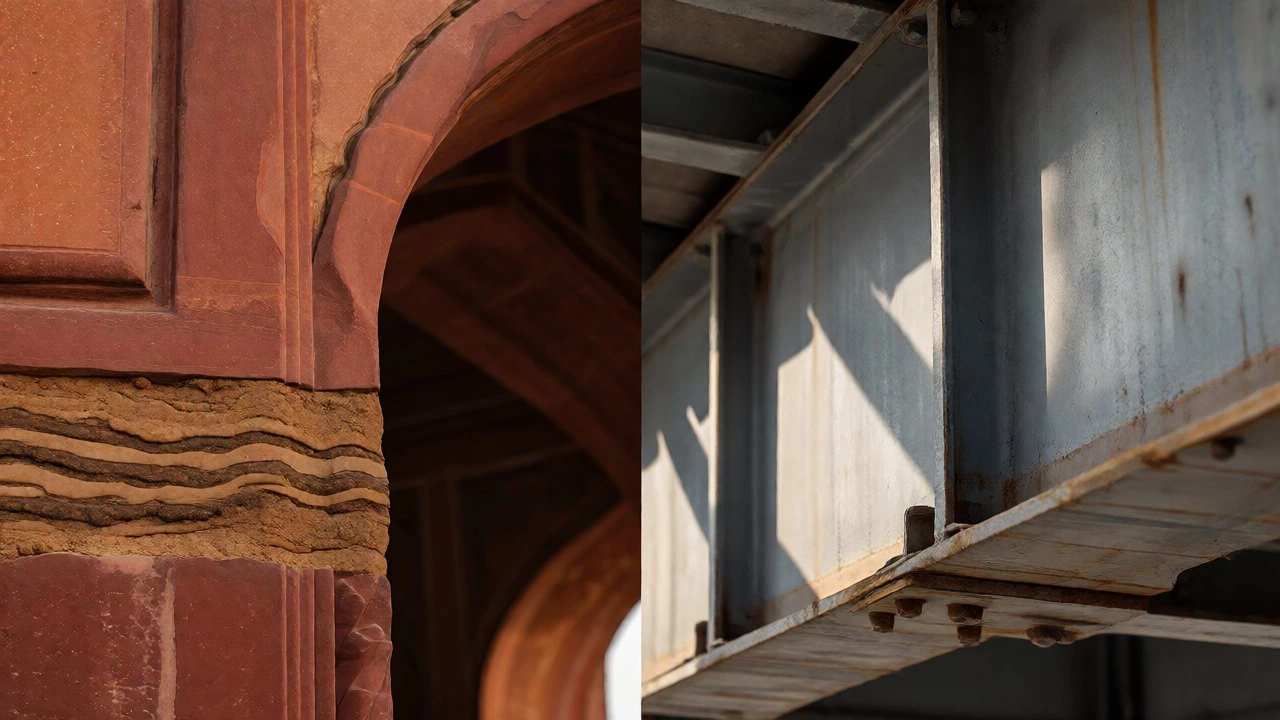 Contrast of ancient stone mortar and modern steel