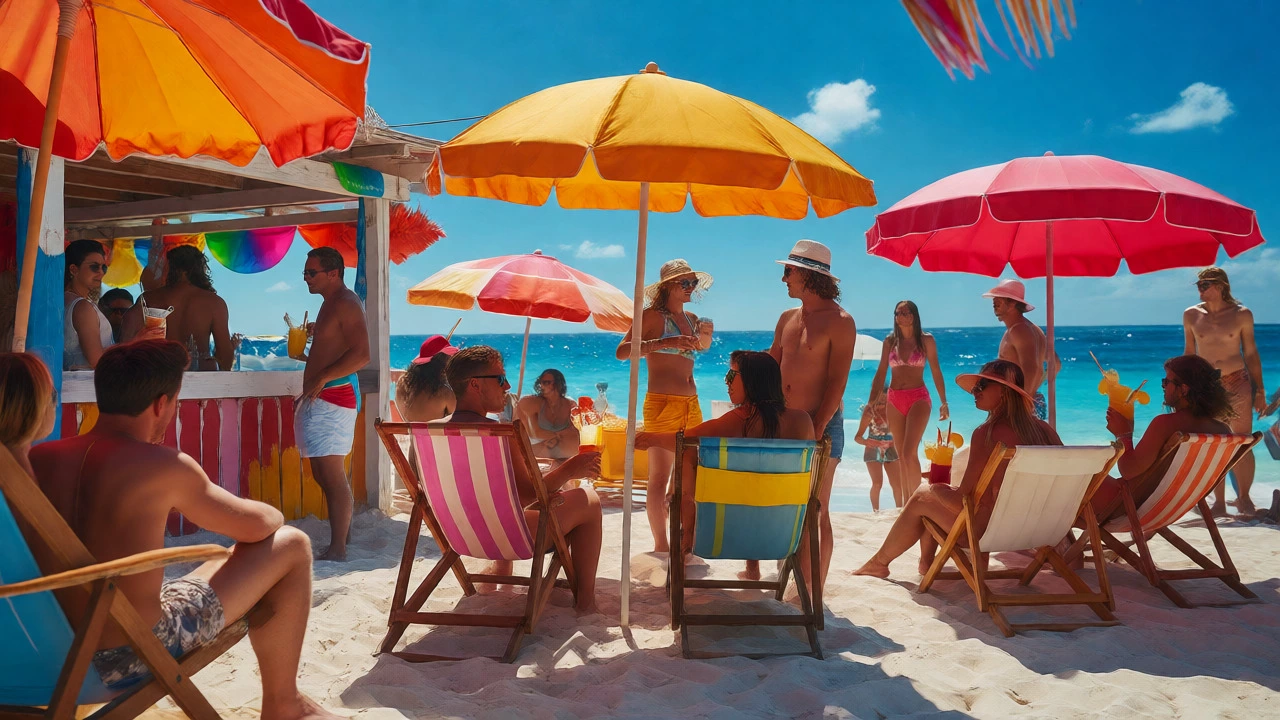 Crowded beach shack with tourists and colorful umbrellas in peak season