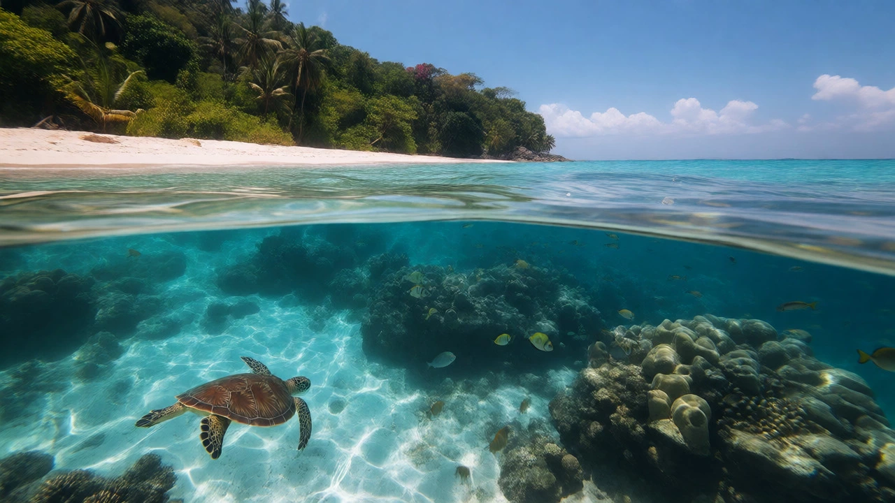 Crystal clear waters and coral reefs at Radhanagar Beach in the Andaman Islands.