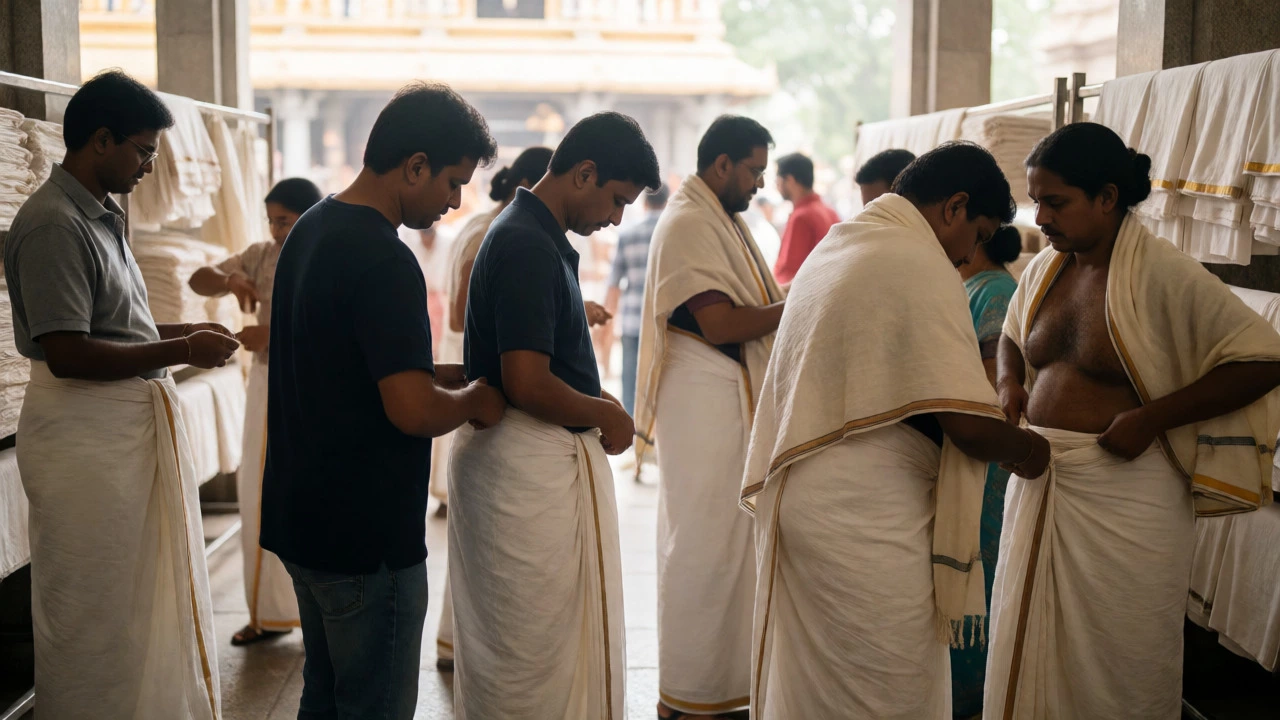 Devotees changing into traditional white cotton dhotis at a temple clothing exchange counter.