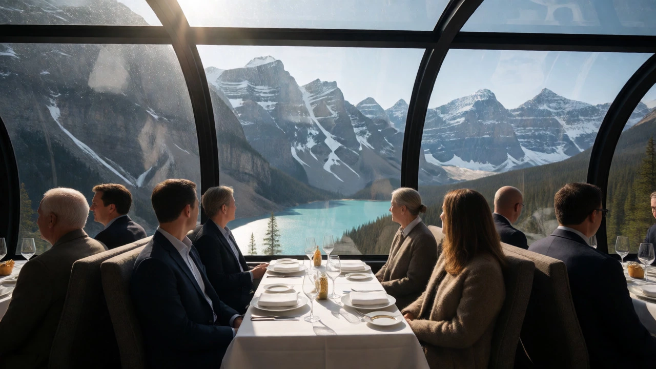 Passengers in a glass-domed luxury train car viewing snowy mountain peaks.
