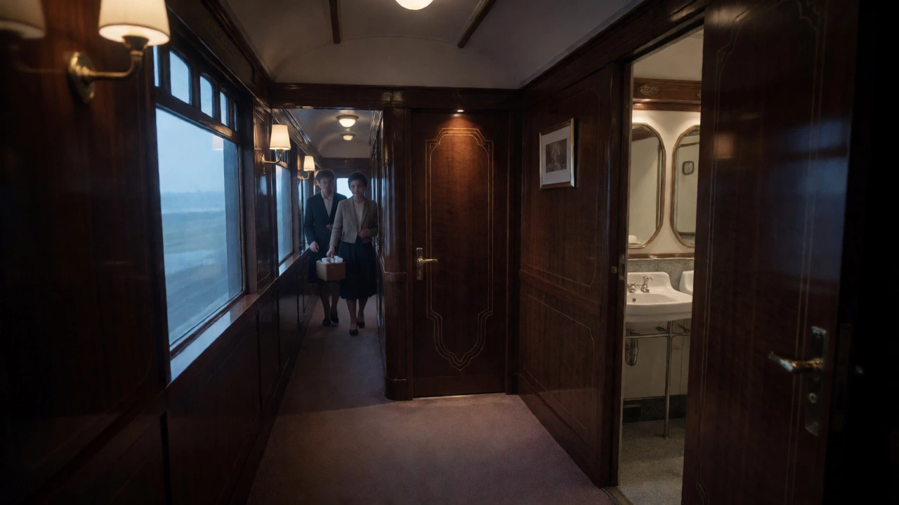 Passengers walking down a classic train corridor toward shared washrooms in the morning.