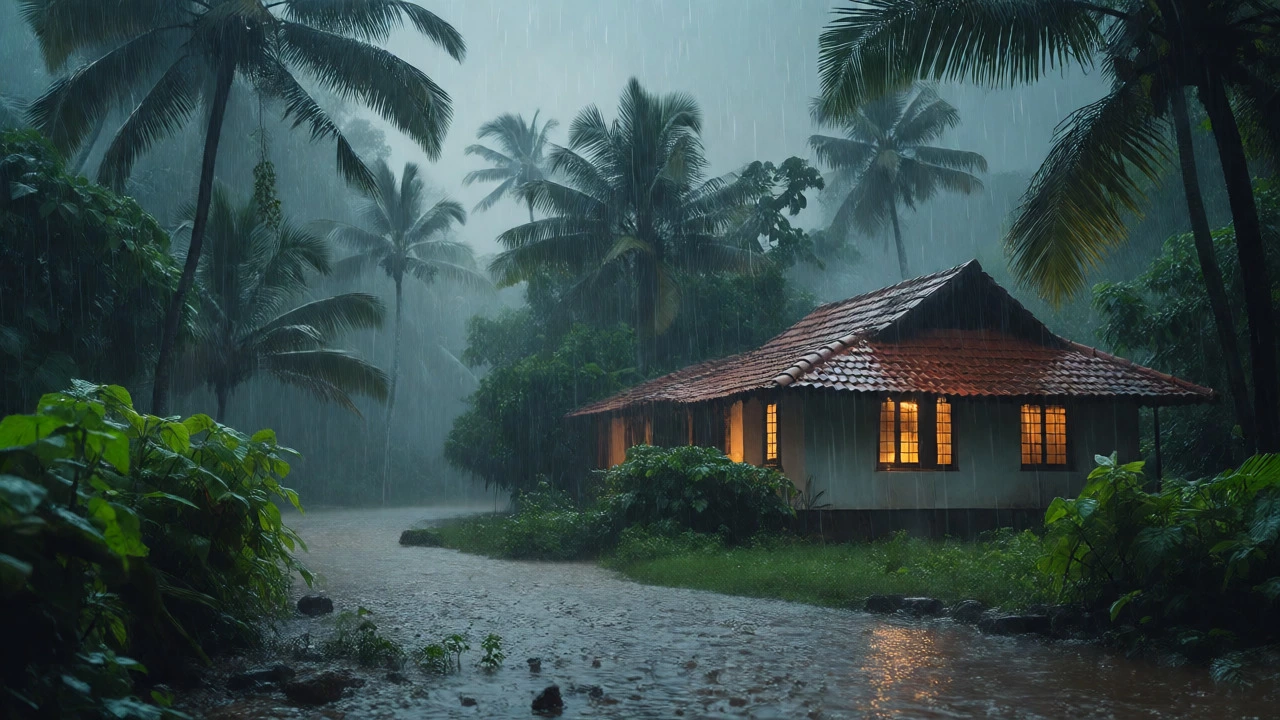 Rainy monsoon view of a lit villa amidst lush green Goan jungle