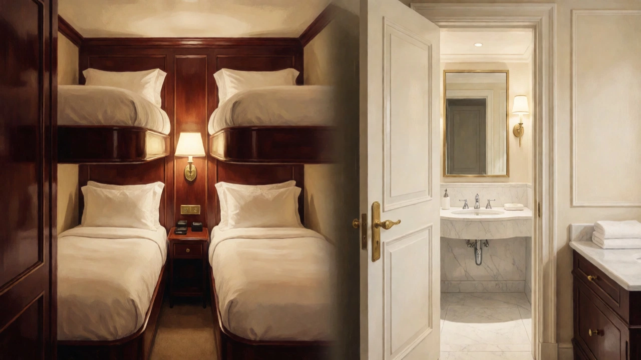 Split view comparing a standard twin cabin with no bathroom against a suite with private facilities.