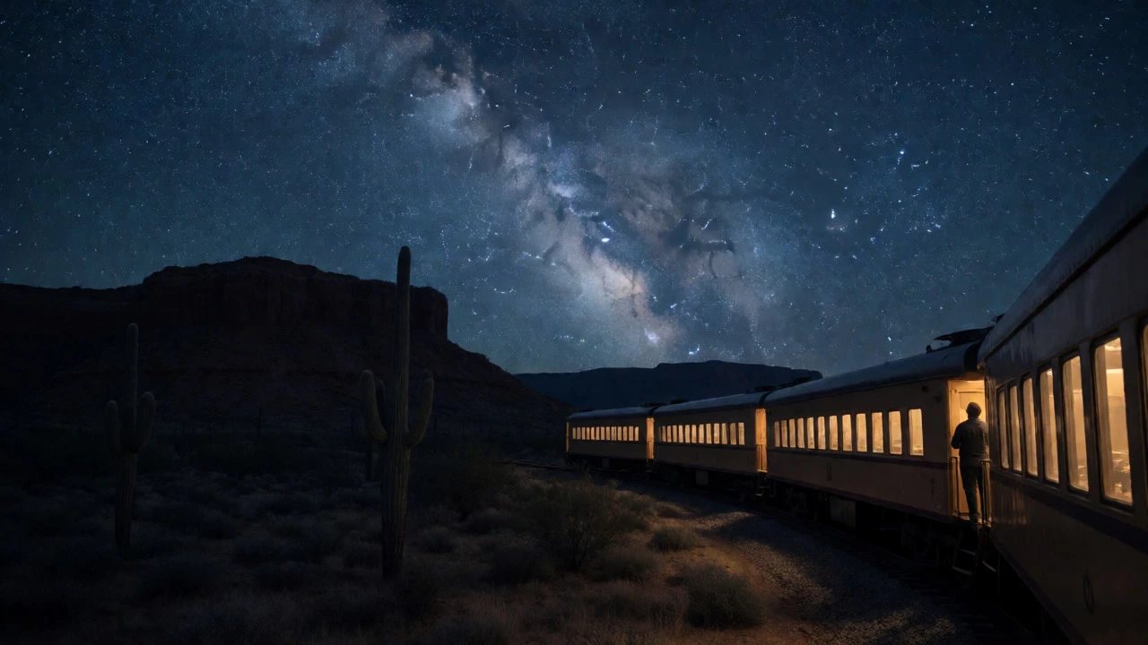 Train glowing under a starry Milky Way sky in the American desert at night.