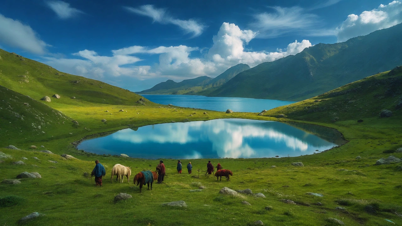 View of Kashmir's turquoise lakes and green meadows from Mahanagad Pass with shepherds grazing.