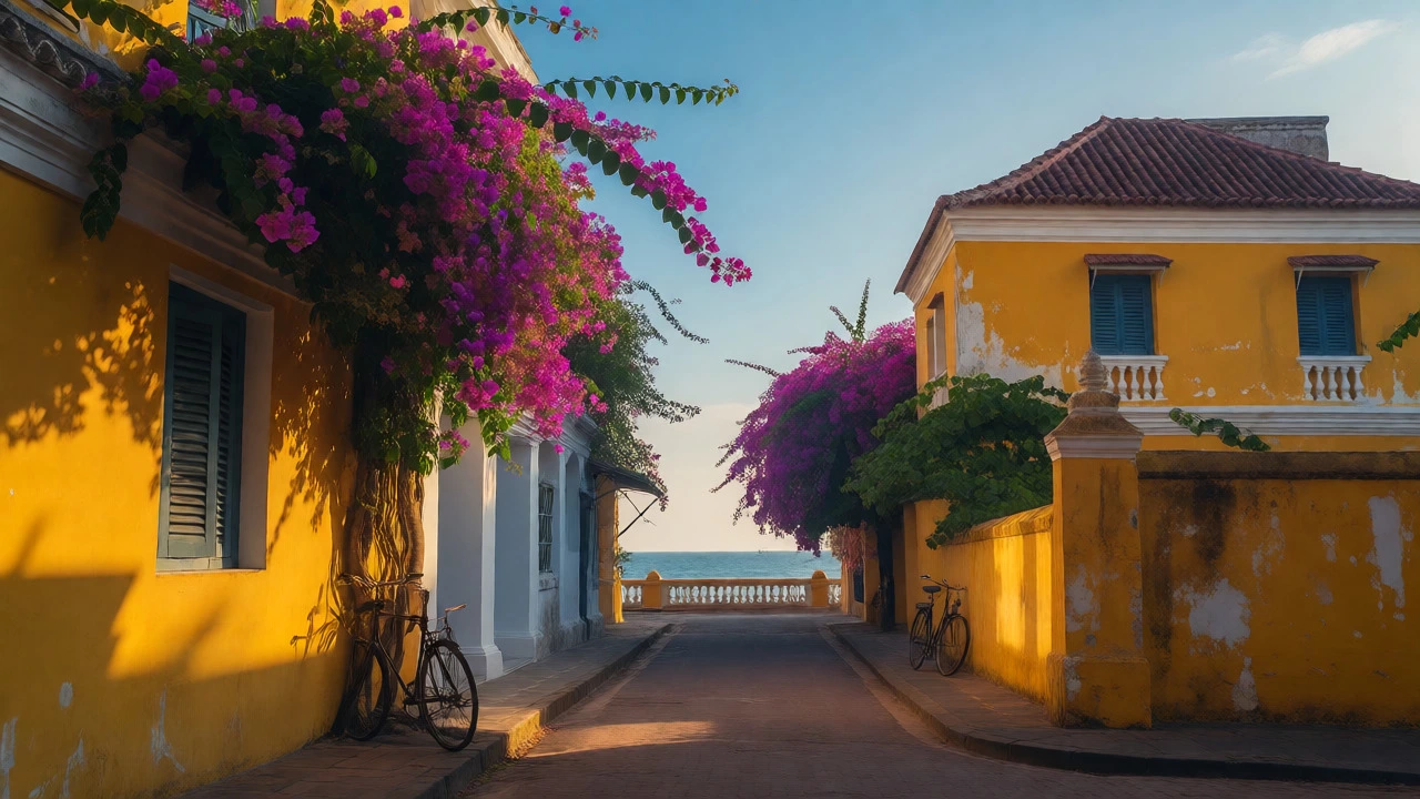 Yellow French colonial villas with bougainvillea in Pondicherry near the coast.