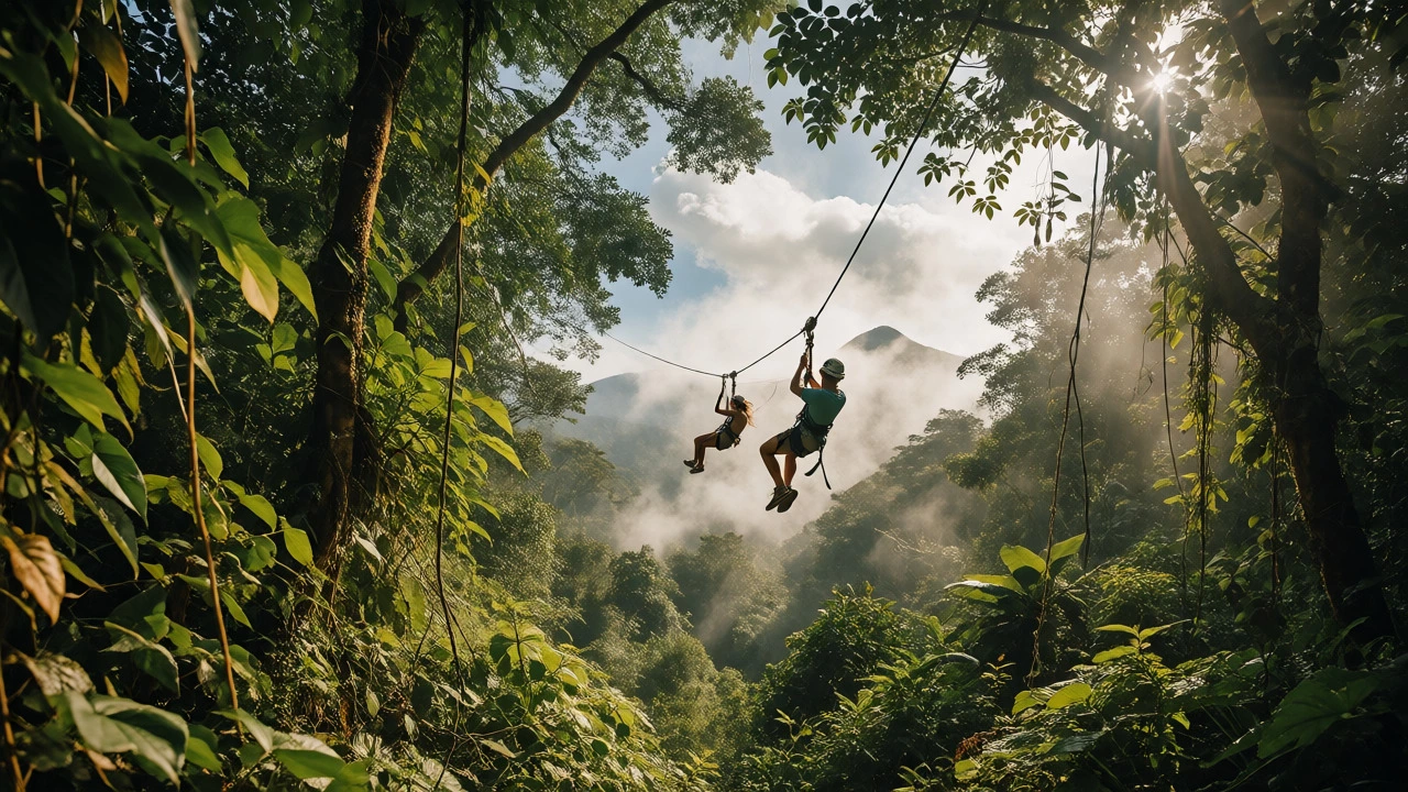 Adventurous couple zip-lining through the dense green cloud forest of Monteverde, Costa Rica.