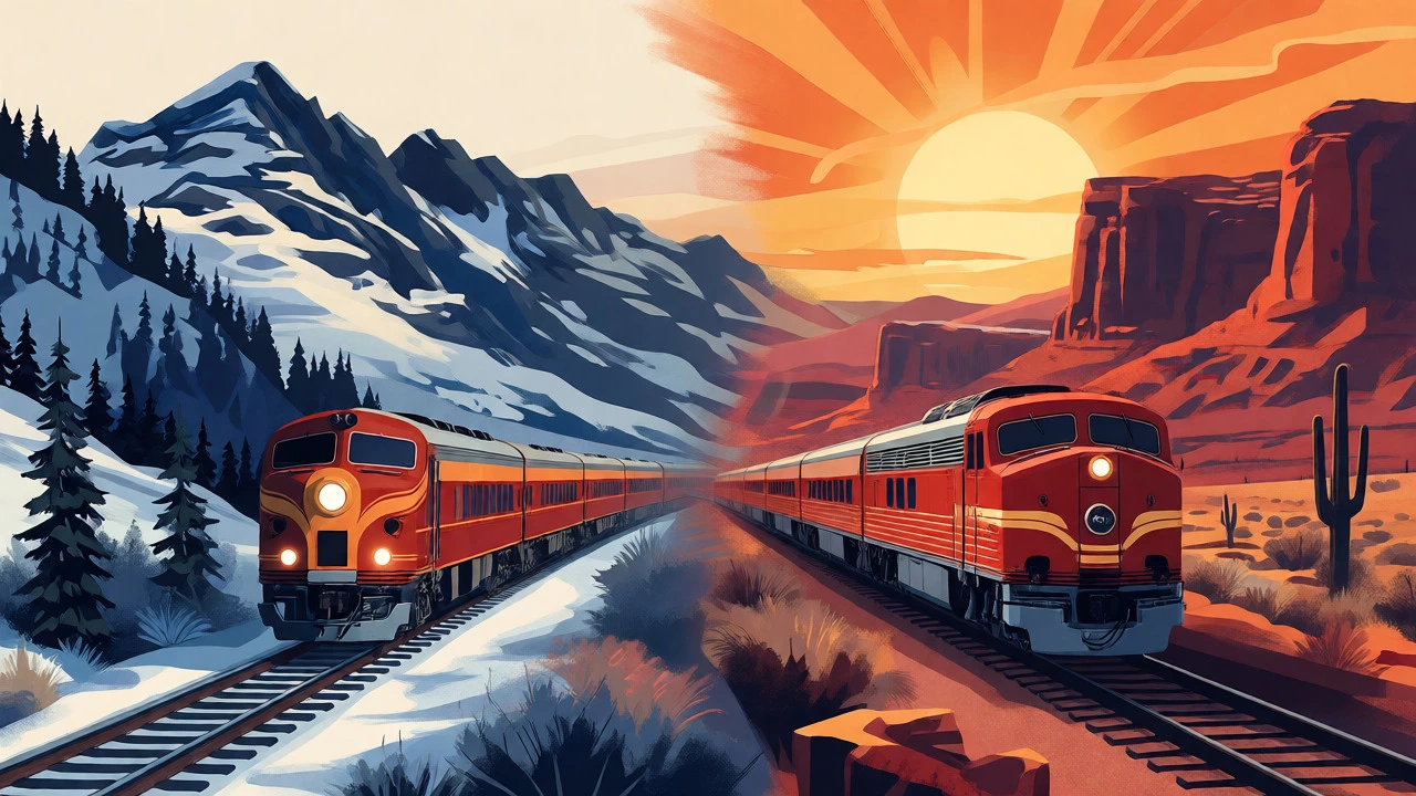 Artistic split view contrasting mountain and desert landscapes on US rail routes