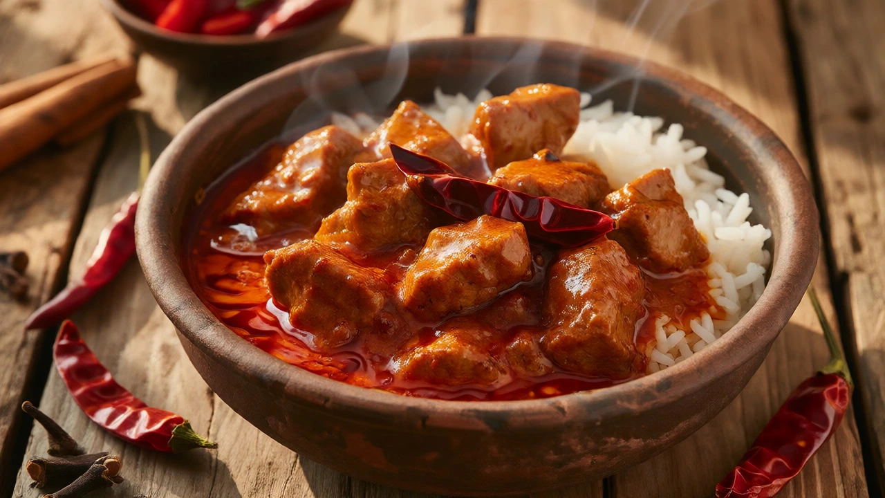 Authentic Goan Vindaloo pork curry served with white rice
