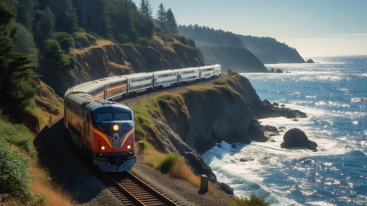 Coast Starlight train traveling along the scenic Oregon coastline near the ocean