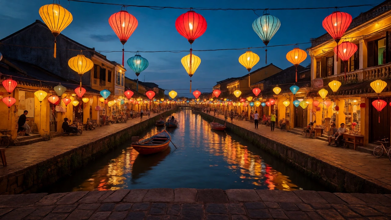 Colorful lanterns illuminating the historic streets and river of Hoi An Ancient Town at dusk.