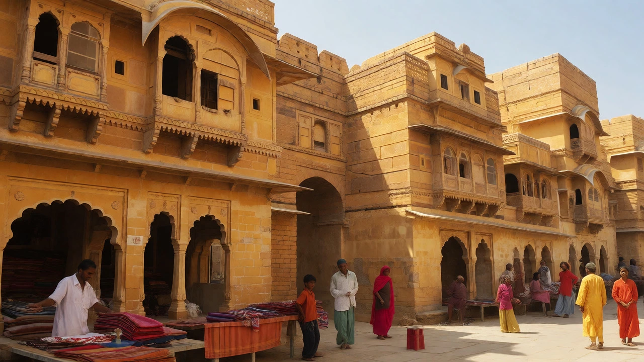 Daily life continuing within the yellow sandstone ramparts of Jaisalmer Fort