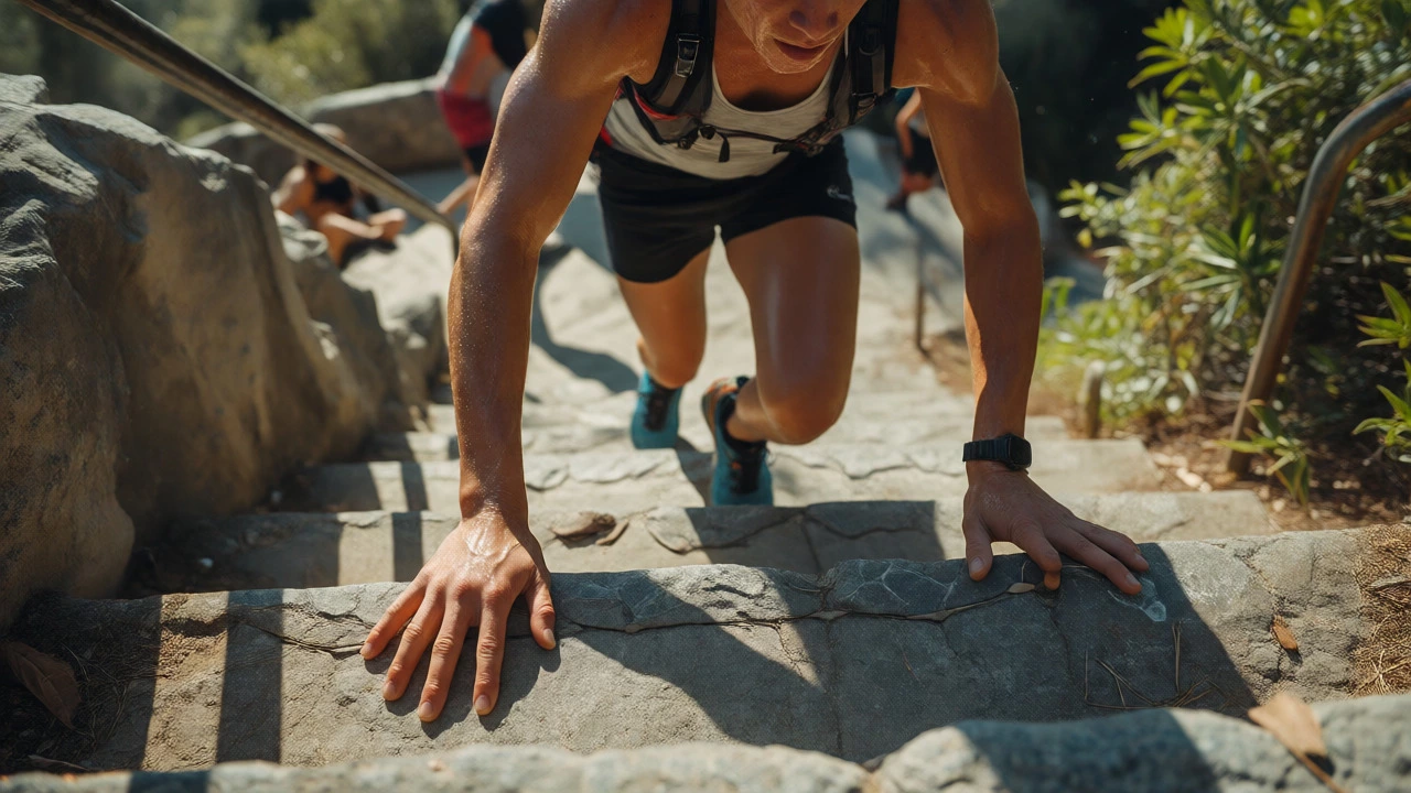 Hiker climbing steep concrete steps during a high-intensity workout
