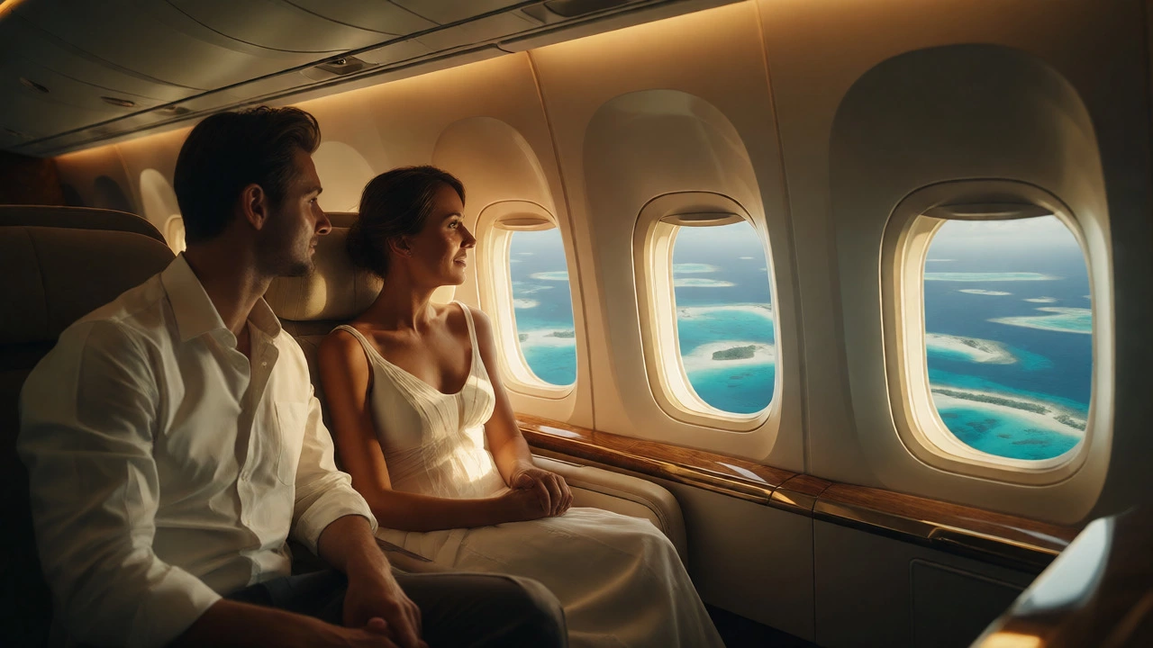 Honeymoon couple viewing Maldives atolls from premium flight window