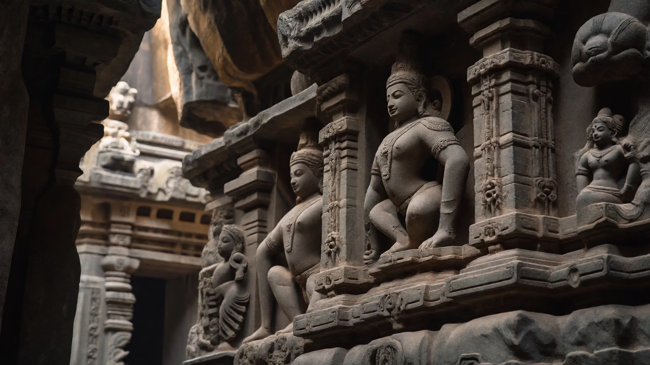 Intricate rock-cut carvings of the Kailasa Temple inside the Ellora Caves