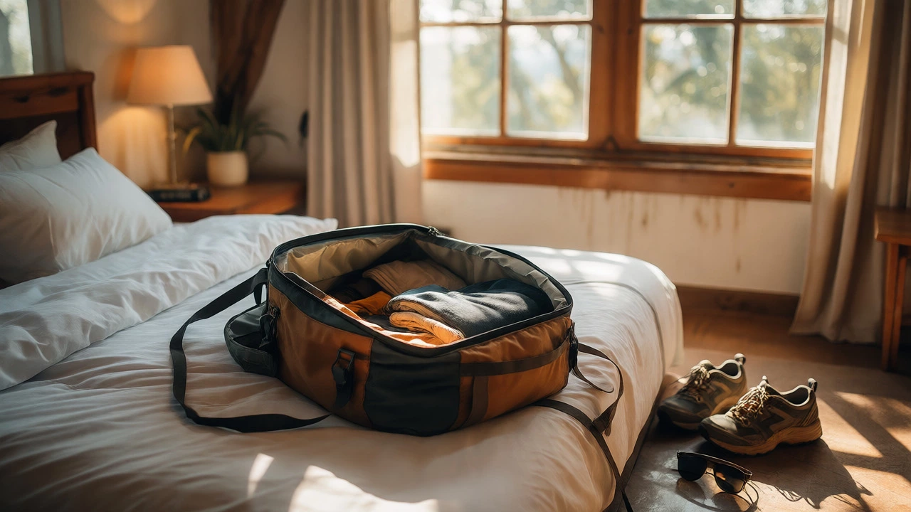 Minimalist packing for a short trip with an open bag on a bright bed