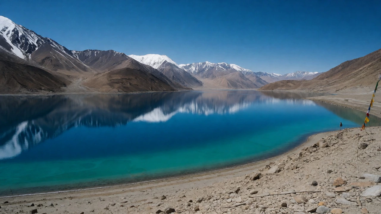 Pangong Lake with changing colors and mountains