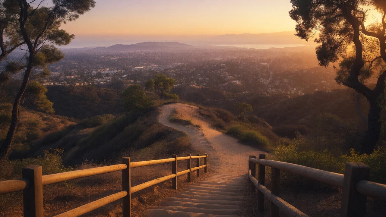 Panoramic view of the Los Angeles valley from the top of the stairs