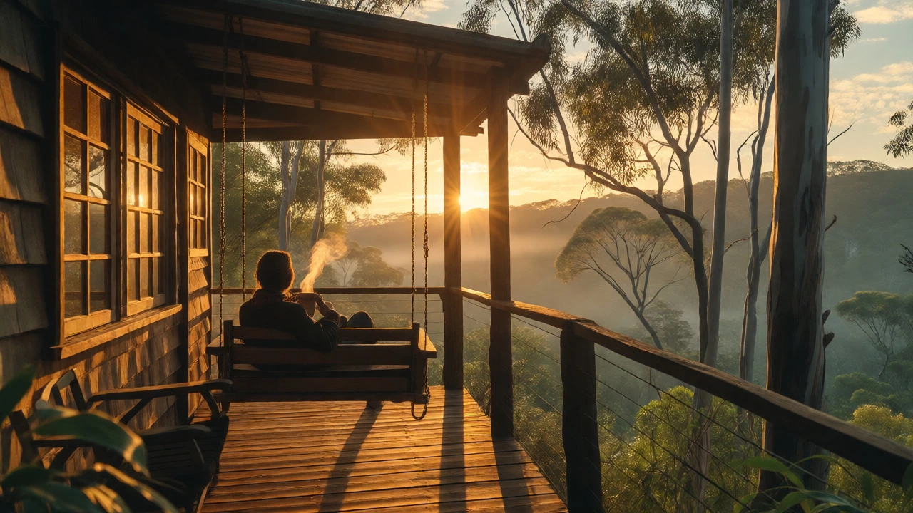 Person relaxing on a cabin porch with coffee amidst misty green hills